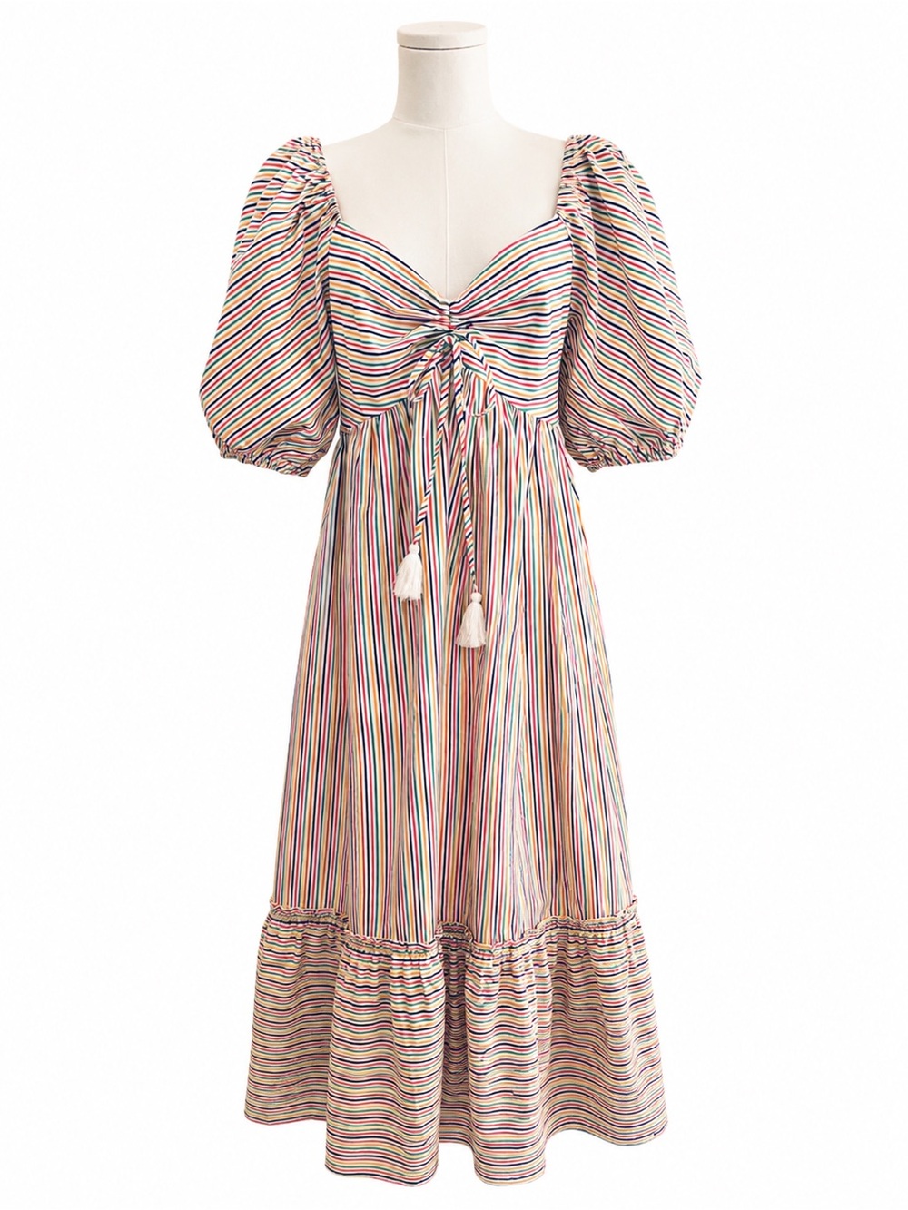 Striped Puff-Sleeve Maxi Dress with Tassel Tie